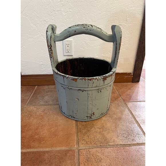Antique Revival Crested-Handle Wooden Water Bucket Aqua